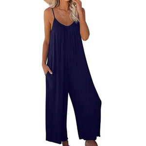 Dokotoo Womens Navy Spaghetti V-Neck Pockets Wide‎ Leg Jumpsuit Size Large